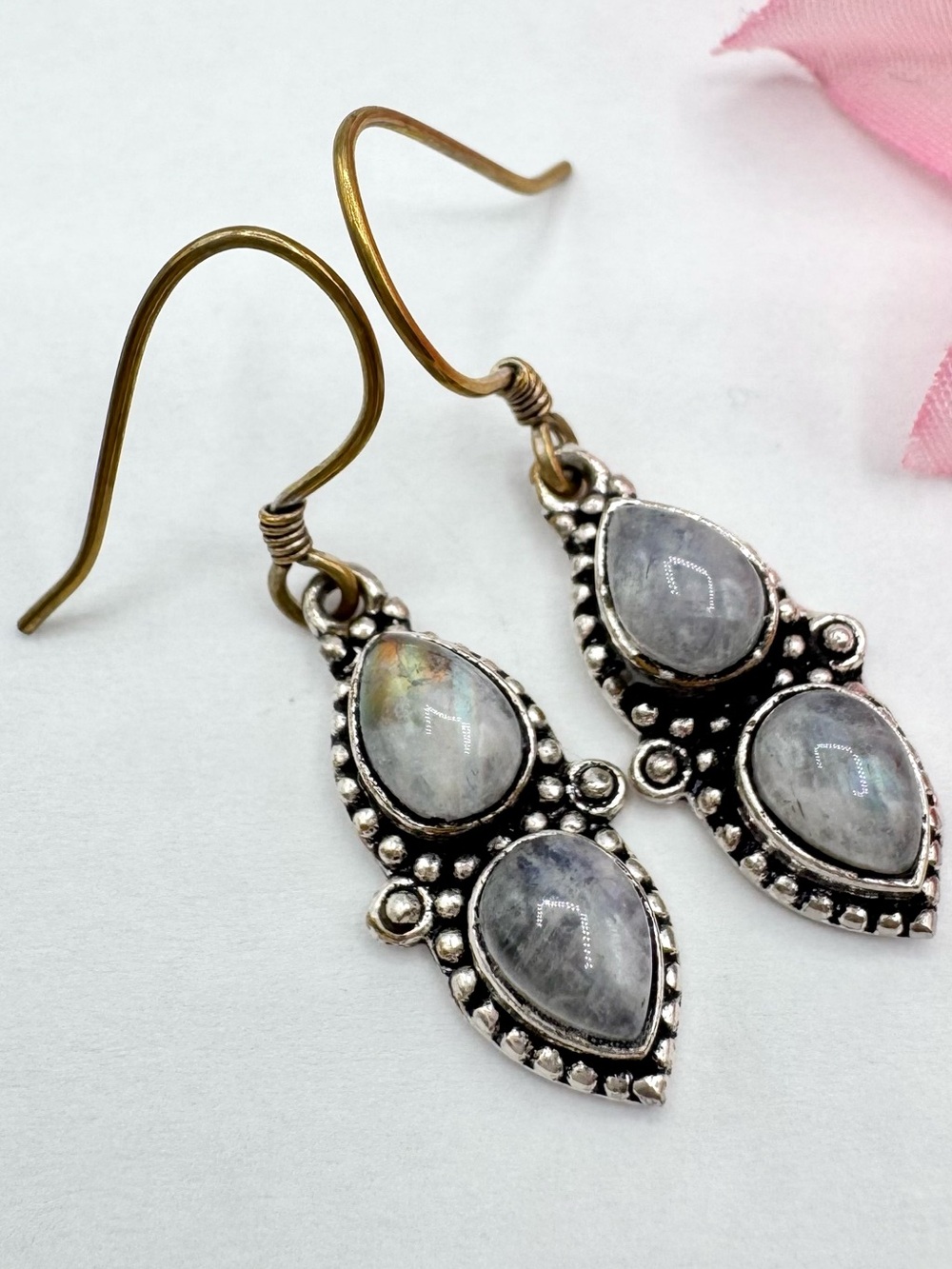 Moonstone Dangle Earrings Ethnic Bali Style Festival Boho Tribal Mixed Metal